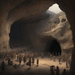 Realistically rendered cartoon-style scene from 380 BC: A gloomy image of an ancient cave, filled with chained people, their focus riveted to the back wall.