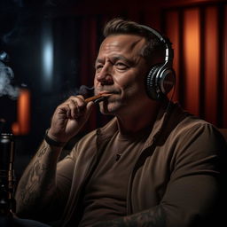 A realistic, detailed image of Joe Rogan, the podcast host, casually smoking a cigar. He is visibly relaxed and enjoying the moment. The background should be a dimly lit professional podcast studio.