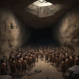 Realistically rendered cartoon-style scene from 380 BC: A gloomy image of an ancient cave, filled with chained people, their focus riveted to the back wall.