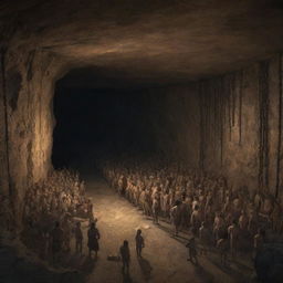 Realistically rendered cartoon-style scene from 380 BC: A gloomy image of an ancient cave, filled with chained people, their focus riveted to the back wall.