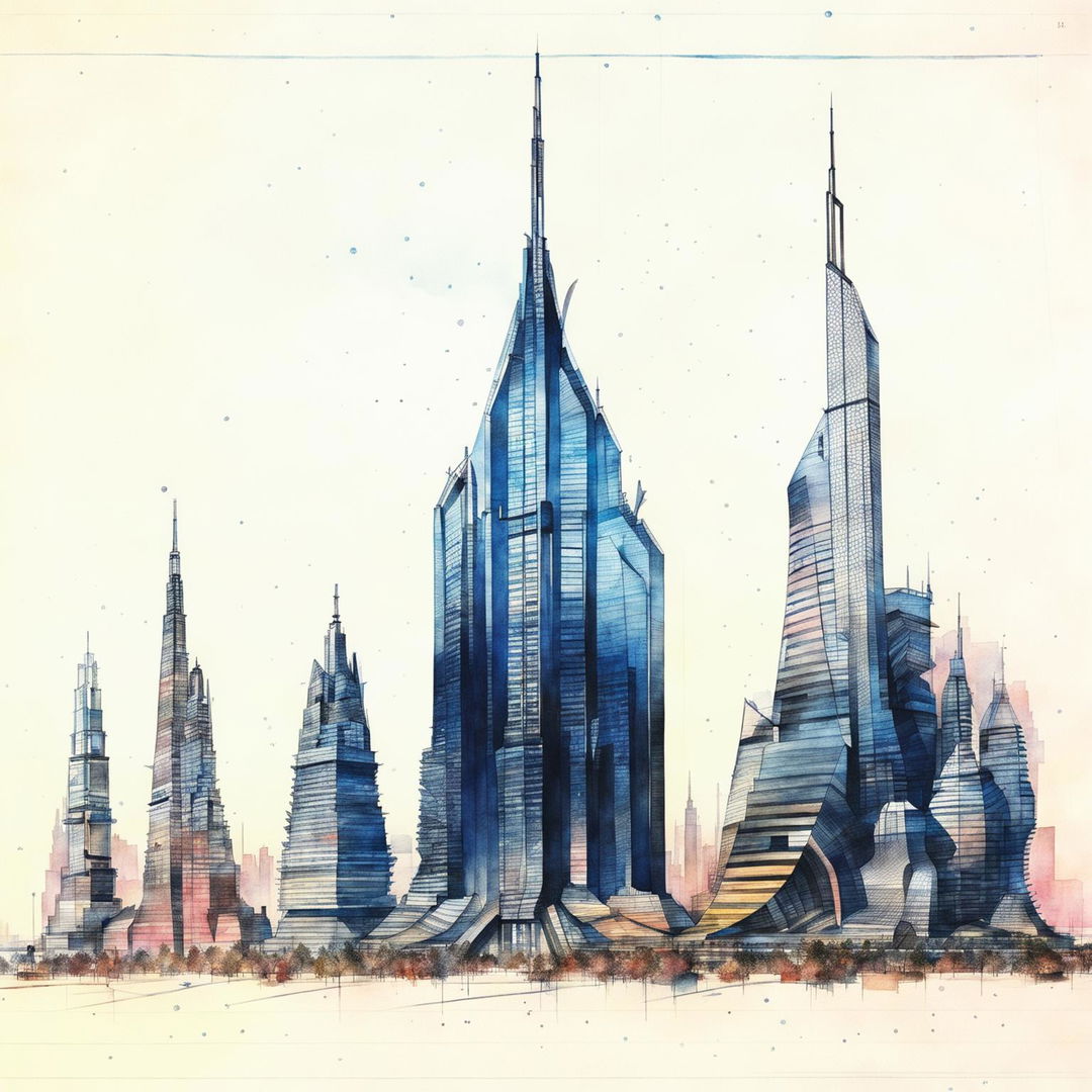 High-definition watercolour sketch of a futuristic cityscape with parametric, God-inspired buildings featuring unique designs, intricate details, and contrasting lighting.