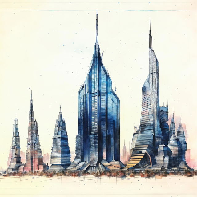 High-definition watercolour sketch of a futuristic cityscape with parametric, God-inspired buildings featuring unique designs, intricate details, and contrasting lighting.