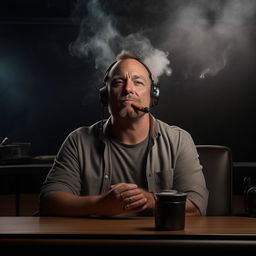 A realistic, detailed image of Joe Rogan, the podcast host, casually smoking a cigar. He is visibly relaxed and enjoying the moment. The background should be a dimly lit professional podcast studio.