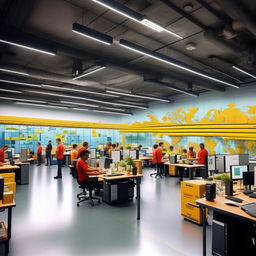 A bustling courier service office complete with modern desks, dynamic personnel, stacked parcels ready for dispatch, computers showcasing tracking data, and walls adorned with world maps.