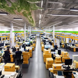 A bustling courier service office complete with modern desks, dynamic personnel, stacked parcels ready for dispatch, computers showcasing tracking data, and walls adorned with world maps.