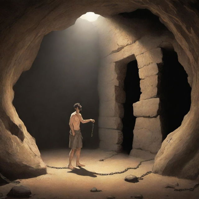 A realistically depicted cartoon-style frame from 380 BC showing a chained man inside an ancient cave, observing a shadow of an object and mistaking it for reality.