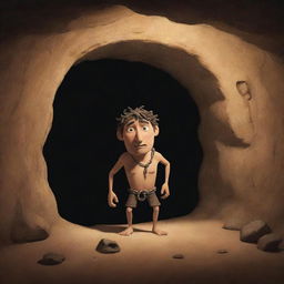 A realistically depicted cartoon-style frame from 380 BC showing a chained man inside an ancient cave, observing a shadow of an object and mistaking it for reality.