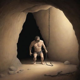 A realistically depicted cartoon-style frame from 380 BC showing a chained man inside an ancient cave, observing a shadow of an object and mistaking it for reality.