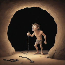 A realistically depicted cartoon-style frame from 380 BC showing a chained man inside an ancient cave, observing a shadow of an object and mistaking it for reality.