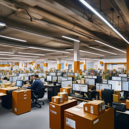 A bustling courier service office complete with modern desks, dynamic personnel, stacked parcels ready for dispatch, computers showcasing tracking data, and walls adorned with world maps.