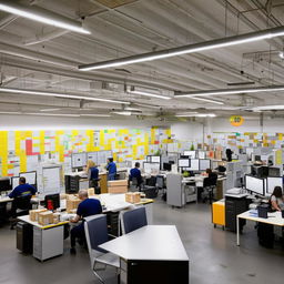 A bustling courier service office complete with modern desks, dynamic personnel, stacked parcels ready for dispatch, computers showcasing tracking data, and walls adorned with world maps.