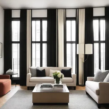 The black-barred curtains added an elegant touch to the modern living room.