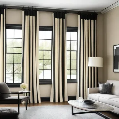 The black-barred curtains added an elegant touch to the modern living room.