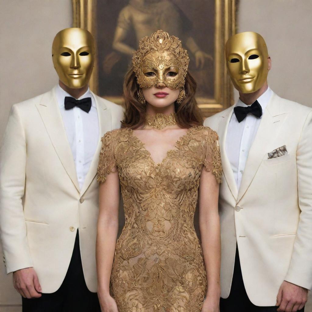 An elegant lady stands between two identical men, one of whom is wearing a golden mask. The trio is posed prominently and draws attention.