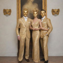 An elegant lady stands between two identical men, one of whom is wearing a golden mask. The trio is posed prominently and draws attention.