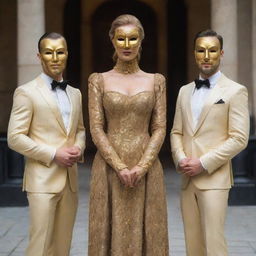 An elegant lady stands between two identical men, one of whom is wearing a golden mask. The trio is posed prominently and draws attention.
