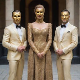 An elegant lady stands between two identical men, one of whom is wearing a golden mask. The trio is posed prominently and draws attention.