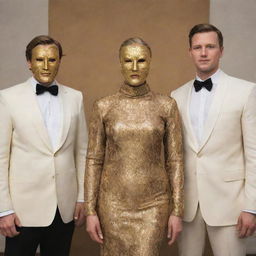 An elegant lady stands between two identical men, one of whom is wearing a golden mask. The trio is posed prominently and draws attention.