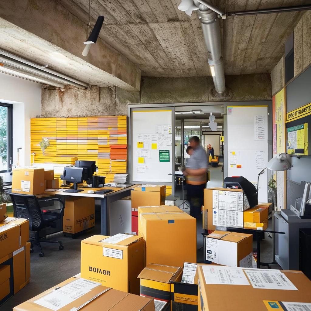 A courier service office nestled within a small, bustling shop. Visible are shop items, an office area with modern workstations, personnel attending to tasks, parcels ready for dispatch, and maps showcased on the walls.