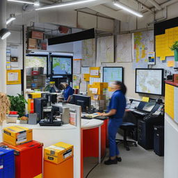 A courier service office nestled within a small, bustling shop. Visible are shop items, an office area with modern workstations, personnel attending to tasks, parcels ready for dispatch, and maps showcased on the walls.