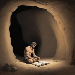 Realistically depicted cartoon-style scene from 380 BC showing a chained man inside an ancient cave, observing the shadow of an object shaped like a book and mistaking it for reality.