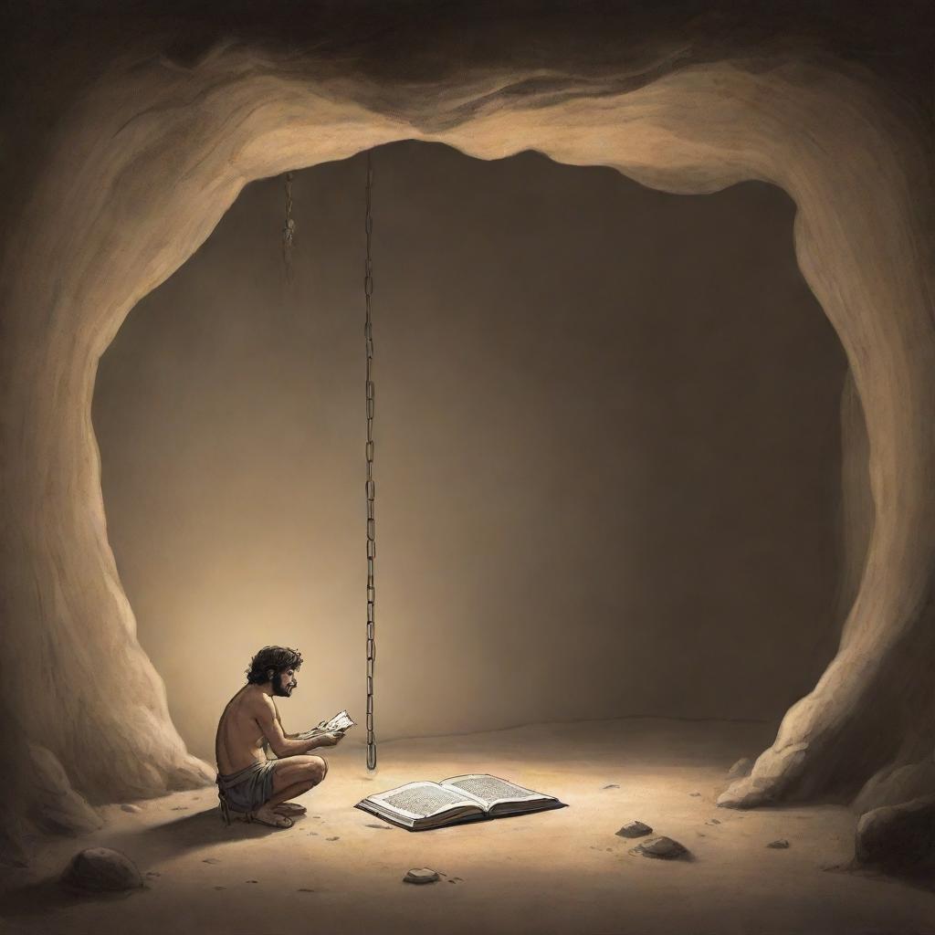 Realistically depicted cartoon-style scene from 380 BC showing a chained man inside an ancient cave, observing the shadow of an object shaped like a book and mistaking it for reality.