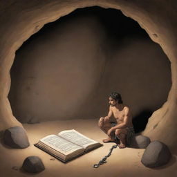 Realistically depicted cartoon-style scene from 380 BC showing a chained man inside an ancient cave, observing the shadow of an object shaped like a book and mistaking it for reality.