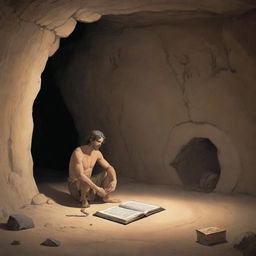 Realistically depicted cartoon-style scene from 380 BC showing a chained man inside an ancient cave, observing the shadow of an object shaped like a book and mistaking it for reality.