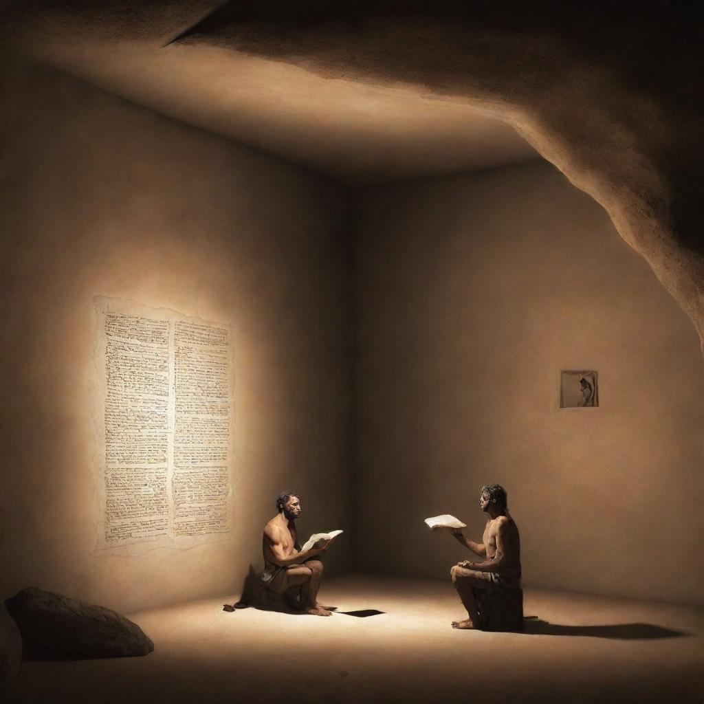 Realistically depicted cartoon-style scene from 380 BC: A chained man inside an ancient cave observing the large shadow of a book projected on the wall, mistaking it for reality.