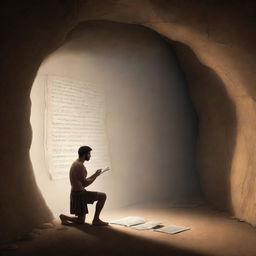 Realistically depicted cartoon-style scene from 380 BC: A chained man inside an ancient cave observing the large shadow of a book projected on the wall, mistaking it for reality.