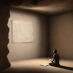 Realistically depicted cartoon-style scene from 380 BC: A chained man inside an ancient cave observing the large shadow of a book projected on the wall, mistaking it for reality.