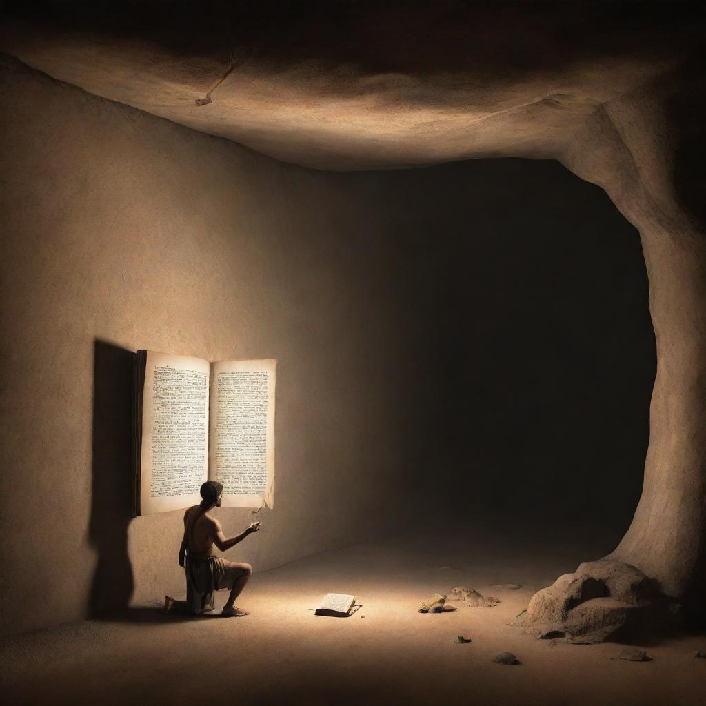 Realistically depicted cartoon-style scene from 380 BC: A chained man inside an ancient cave observing the large shadow of a book projected on the wall, mistaking it for reality.