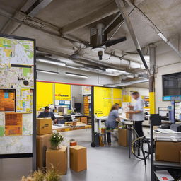 A courier service office nestled within a small, bustling shop. Visible are shop items, an office area with modern workstations, personnel attending to tasks, parcels ready for dispatch, and maps showcased on the walls.