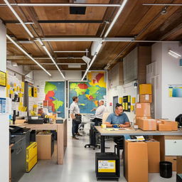 A courier service office nestled within a small, bustling shop. Visible are shop items, an office area with modern workstations, personnel attending to tasks, parcels ready for dispatch, and maps showcased on the walls.