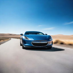 A sleek, modern car parked on an open road under a clear blue sky