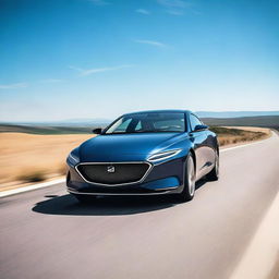 A sleek, modern car parked on an open road under a clear blue sky