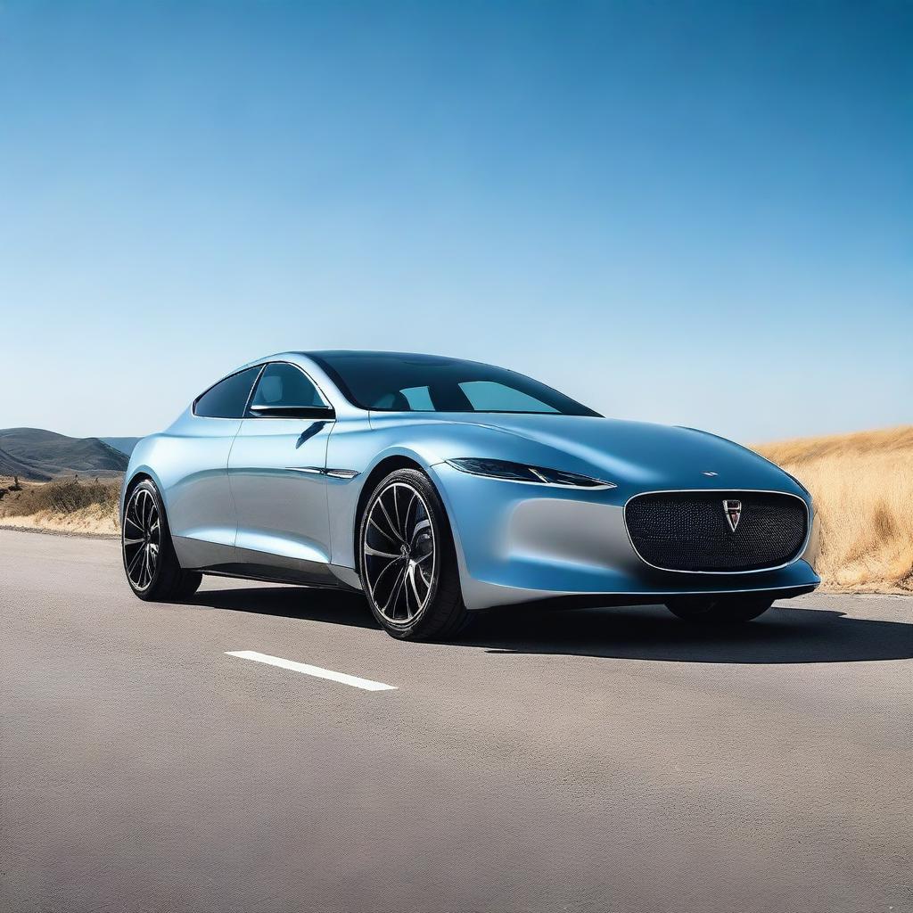 A sleek, modern car parked on an open road under a clear blue sky