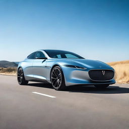 A sleek, modern car parked on an open road under a clear blue sky