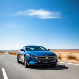 A sleek, modern car parked on an open road under a clear blue sky