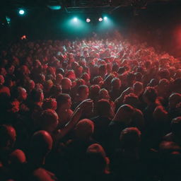 Grooving crowd at a Berlin techno rave, with unique characters who have heads shaped like strawberries, surrounded by pulsing lights and music-inspired decor.