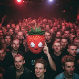 Grooving crowd at a Berlin techno rave, with unique characters who have heads shaped like strawberries, surrounded by pulsing lights and music-inspired decor.