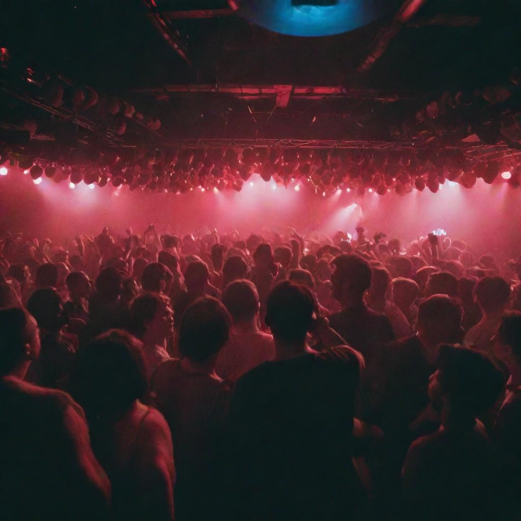 Grooving crowd at a Berlin techno rave, with unique characters who have heads shaped like strawberries, surrounded by pulsing lights and music-inspired decor.