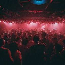 Grooving crowd at a Berlin techno rave, with unique characters who have heads shaped like strawberries, surrounded by pulsing lights and music-inspired decor.