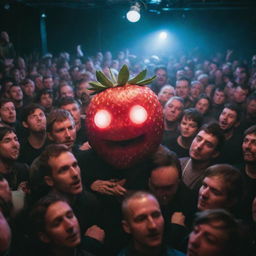 Grooving crowd at a Berlin techno rave, with unique characters who have heads shaped like strawberries, surrounded by pulsing lights and music-inspired decor.