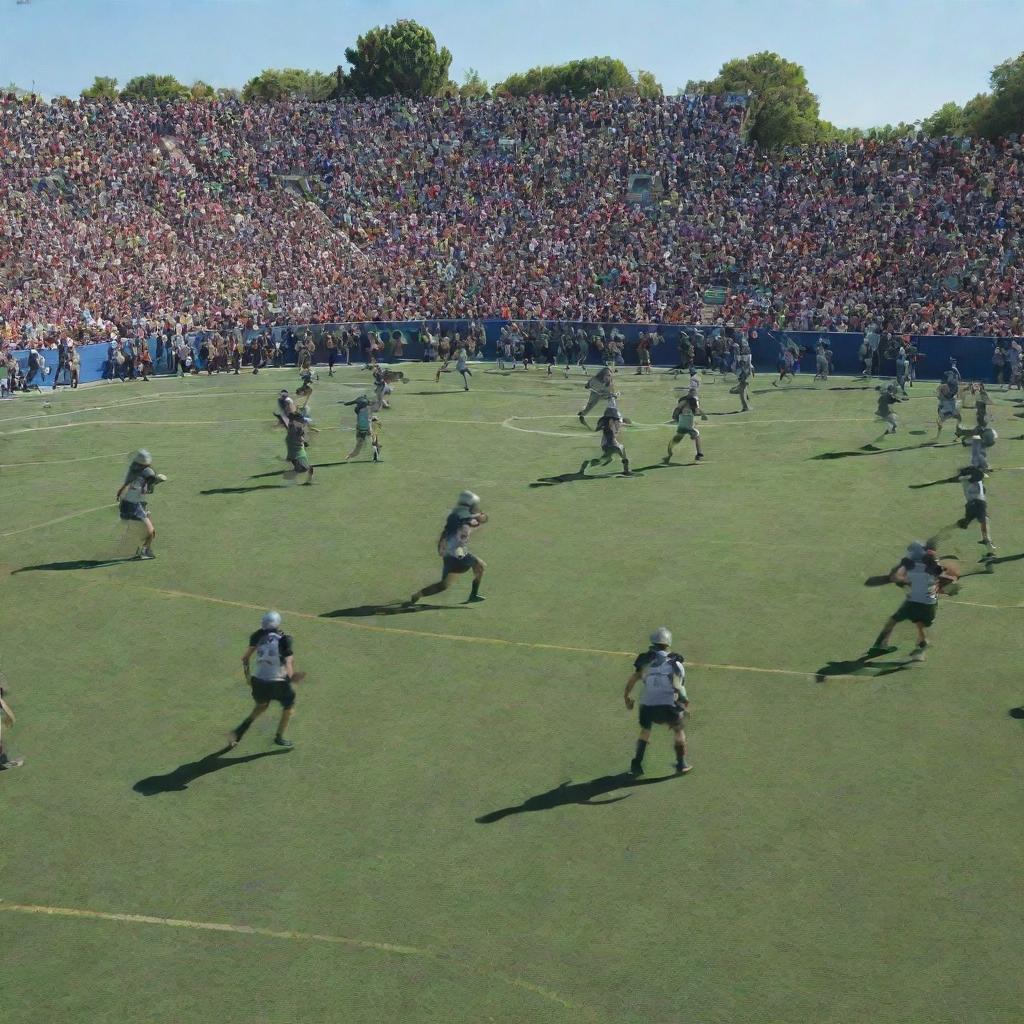 An energetic scene of warriors clad in traditional armor, engaged in a lively basketball match amidst the green expansiveness of a football field, with a clear blue sky overhead.