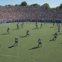 An energetic scene of warriors clad in traditional armor, engaged in a lively basketball match amidst the green expansiveness of a football field, with a clear blue sky overhead.