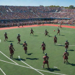 An energetic scene of warriors clad in traditional armor, engaged in a lively basketball match amidst the green expansiveness of a football field, with a clear blue sky overhead.