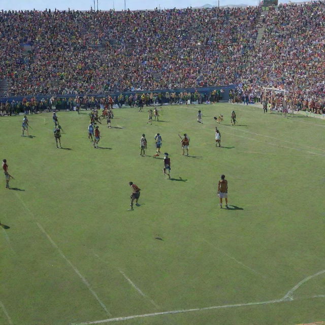 An energetic scene of warriors clad in traditional armor, engaged in a lively basketball match amidst the green expansiveness of a football field, with a clear blue sky overhead.