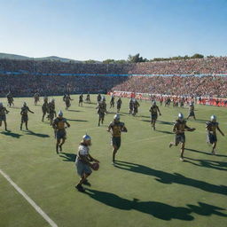 An energetic scene of warriors clad in traditional armor, engaged in a lively basketball match amidst the green expansiveness of a football field, with a clear blue sky overhead.