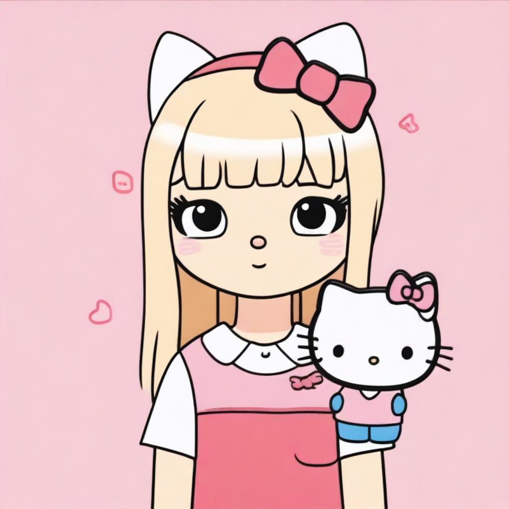 Generate an image with two Hello Kitty characters, one with straight blonde hair and the other with straight black hair.